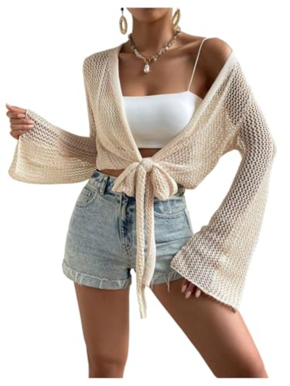 Women's Hollow Out Knit Kimono Cardigan Cover Up Tie Front Beach